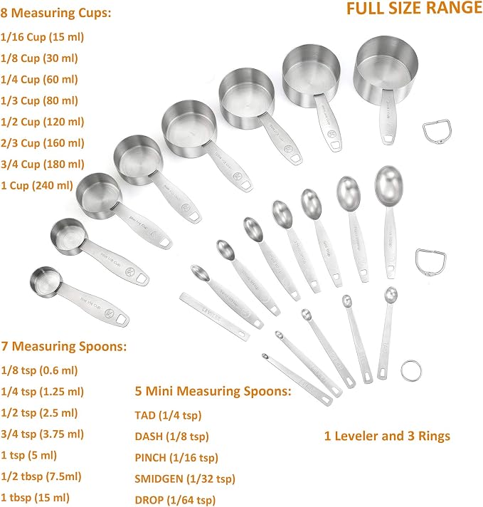 Measuring Cups and Spoons Set of 21 Piece in 18/8 Stainless Steel, Heavy Duty 8 Measuring Cups, 7 Measuring Spoons, 1 Leveler & 5 Mini Measuring Spoons Ideal for Dry and Liquid Ingredients