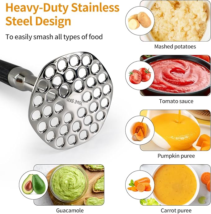 Potato Masher 316 Stainless Steel, Heavy Duty Masher Kitchen Tool & Mashed Potato Masher, Hand Potatoes Masher for Potatoes, Tomatoes, Avocados, Beans, Fruit & Vegetables