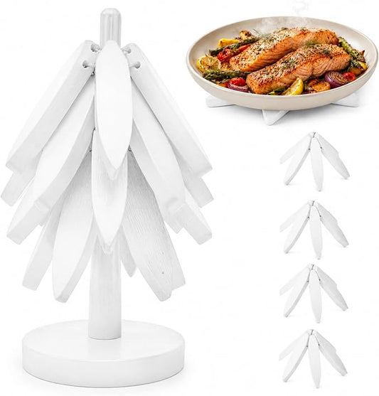 Wooden Trivets for Hot Dishes – Tree Trivet Set with 4 Foldable Wooden Trivets & 1 Stand, Heat-Resistant, Space-Saving Trivet Tree for Pots, Bowls & Teapots (White)