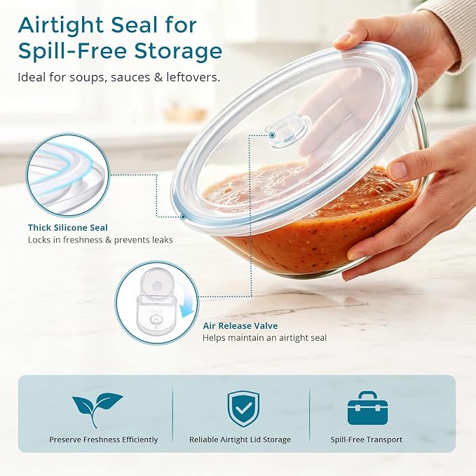 E-far Glass Mixing Bowls with Airtight Lids Set for Cooking Prep Serving | Thick Glass Salad Bowls, Large Clear Nesting Bowls for Storage Sourdough Proofing, Dishwasher Safe, 4.8,2.9,0.8 Qt, 3 Pack