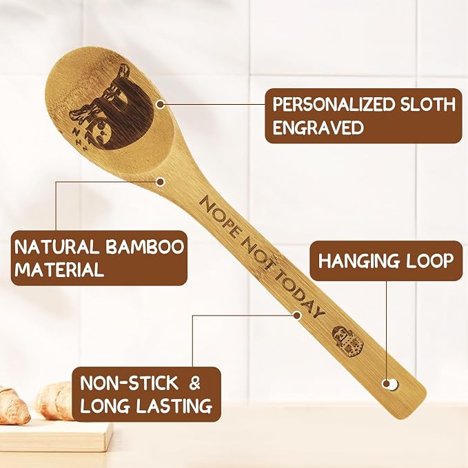 Sloth Gifts for Women - 6PCS Unique Print Bamboo Spoons Set With Keychain, Kitchen Decor for Mom, Best Friend