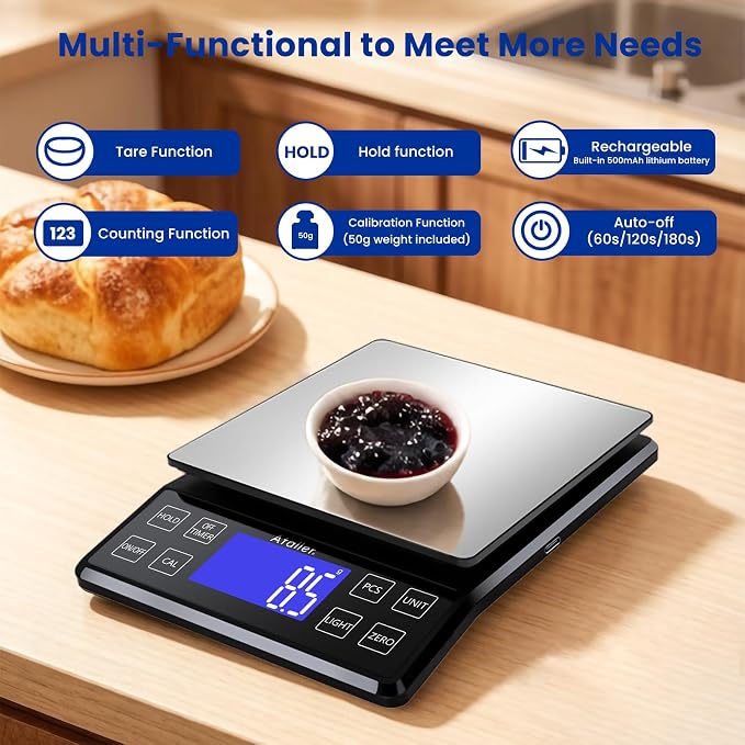 Rechargeable Digital Kitchen Scale, 0.1g Resolution Max 5kg 11Ibs | Food Scale with PCS Counting, Hold, Tare Functions, 6.3"x6.3" Large Stainless Steel Platform, for Cooking, Baking, Meal Prep