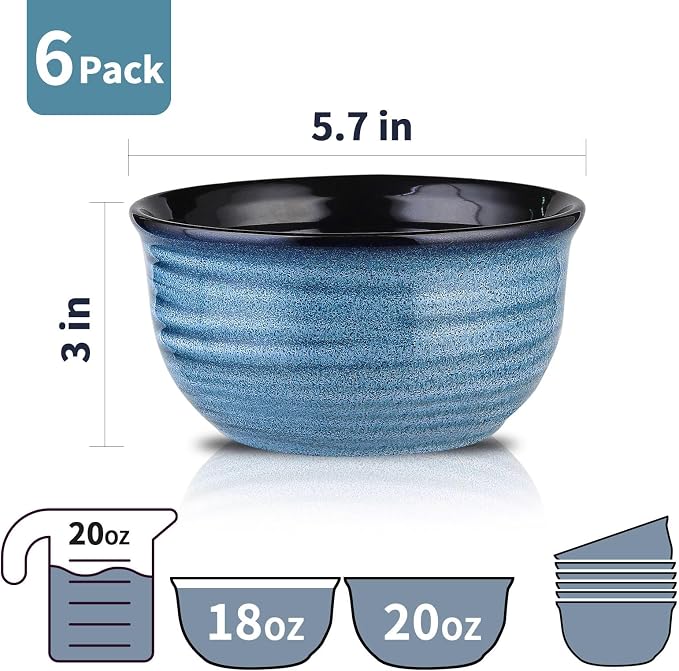 Hasense Cereal Bowl Set of 6, 20 Ounces Ceramic Soup Bowls Set for Kitchen, Suit for Cereal Soup Rice Pasta Salad Oatmeal, Microwave and Dishwasher Safe(Blue)