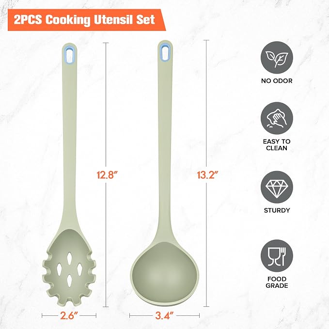 Silicone Spaghetti Spoon&Soup Ladle Cooking Utensils Set of 2,No Scratch for Nonstick Cookware,BPA Free, 450℉ Heat Resistant (Green)