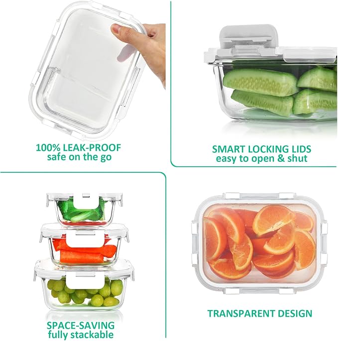 24 Pieces Glass Food Storage Containers Set, White | Meal Prep Containers, BPA-Free, Airtight Glass Storage Containers with lids,Freezer, Microwave and Oven Safe