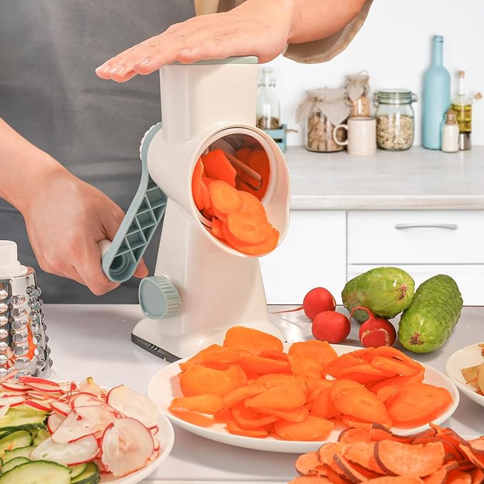 Cheese Grater Hand Crank Rotary Vegetables Shredder with Handle | 3-in-1 Graters, Interchangeable Blades, Non-slip Base, Multifunctional Slicer