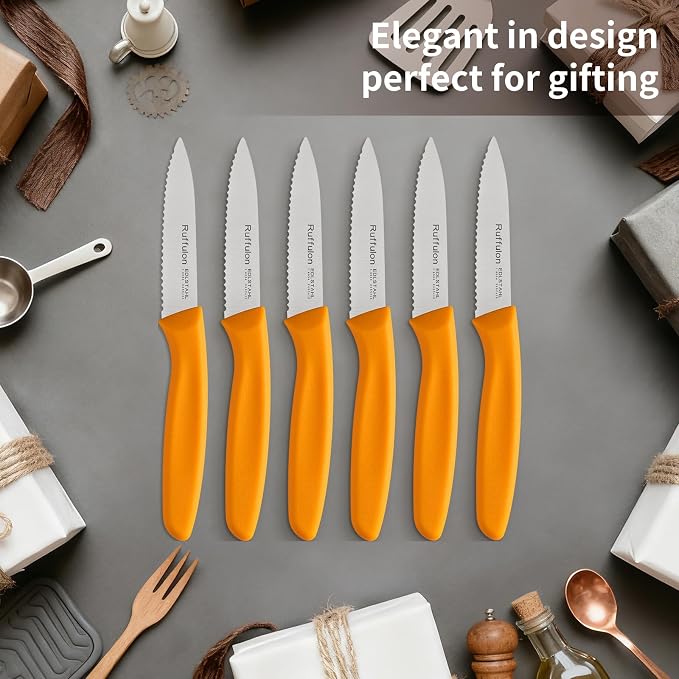 Stainless Steel Paring Knife With Serrated Blade, 6 Pieces Set Vegetable and Fruit Knife, Ultra Sharp Small Kitchen Knife, Orange Paring Knives with PP Plastic Ergonomic Handle.