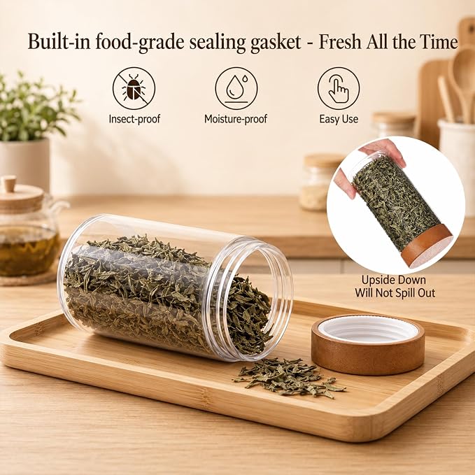 12 Pack 15oz Clear Tea Storage Containers with Airtight Lids 15oz Plastic Food Storage Jar with Acacia Wood Lids for Loose Tea Coffee Sugar Candy Herbs and Spices