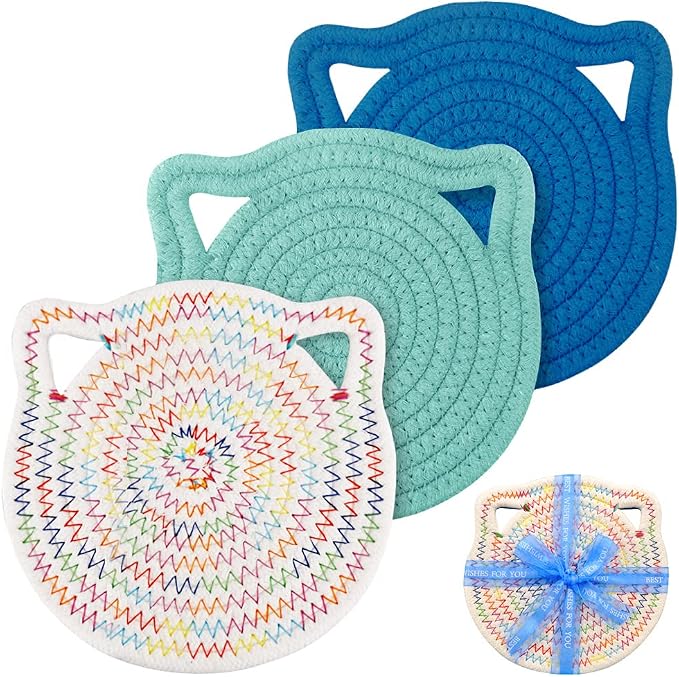7" Pure Cotton Trivets Set with 0.35" Thick (3 Pcs, Blue) | Tightly Woven, Machine Washable, Heat Resistant, Cute Cat Kitchen Accessories for Hot Dishes Pots Pans, Decor, Gift