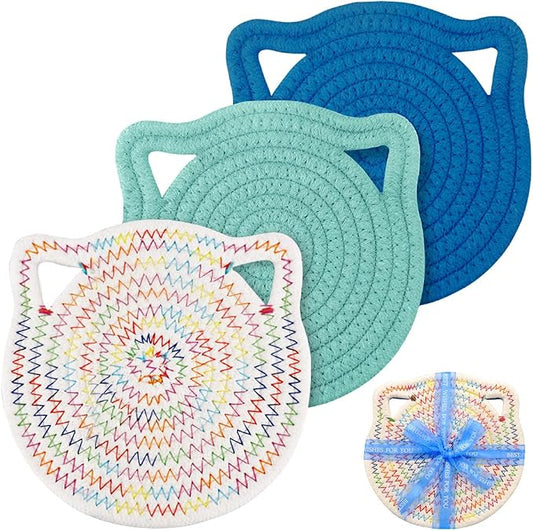 7" Pure Cotton Trivets Set with 0.35" Thick (3 Pcs, Blue) | Tightly Woven, Machine Washable, Heat Resistant, Cute Cat Kitchen Accessories for Hot Dishes Pots Pans, Decor, Gift