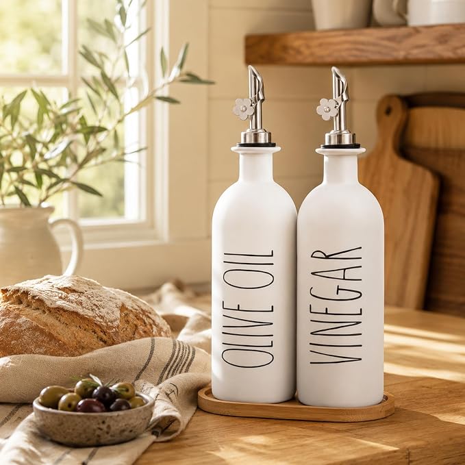 HOMCDALY 16oz Olive Oil Dispenser Bottles for Kitchen, White Oil and Vinegar Dispenser Set, Two Olive Oil Bottles with Bamboo Tray | Set of 2 (16oz-P-White)