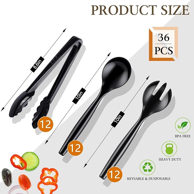Mwellewm 36Pcs Plastic Serving Utensils Set Large Disposable Serving Spoons Forks Tongs for Serving Food Heavy Duty Black Large Party Utensils Supplies for Buffet Restaurant Dinner Salad Soup