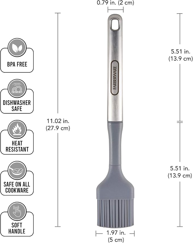 Farberware Pro Silicone Basting Brush, 11 Inch Pastry Brush for Basting Roasts, Spreading Butter on Breads and Pastries, Heat-Resistant to 450 Degrees F, Dishwasher Safe, Stainless Steel Handle
