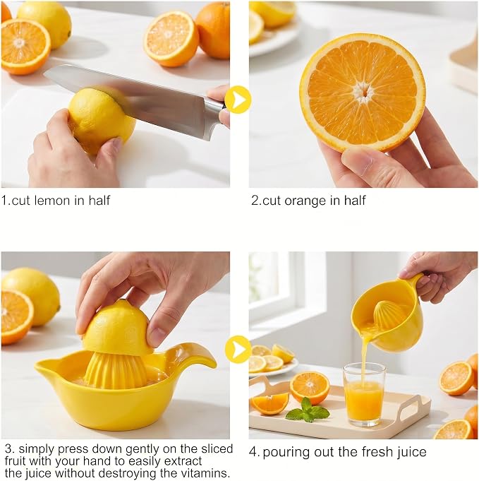 4 inch Ceramic Lemon Squeezer - Manual Citrus Juicer with Handle and Easy Pour Spout for Lemon, Orange, Lime&Grapefruit -Easy to Clean Hand Press Juicer,Microwave & Dishwasher Safe,Lead-Free (Yellow)