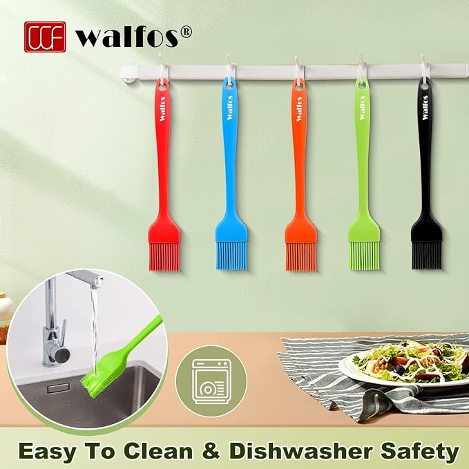 Walfos Silicone Pastry Brush, 600℉ Heat Resistasnt Basting Oil Butter Sauce Brush for Baking,BBQ Grill,Kitchen Cooking,BPA Free and Dishwasher Safe (5 Pcs)