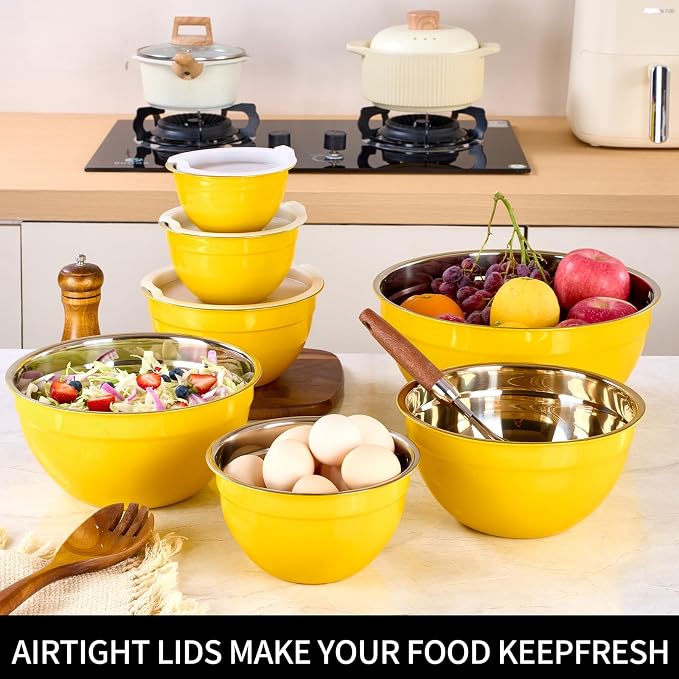 Yellow Mixing Bowls with Lids Set of 7, Stainless Steel Nesting Bowl with Khaki Lid for Non-slip Mixing Prepping Storing Serving, 7 Sizes-7/3.6/2.7/2.1/1.5/1/0.8 QT