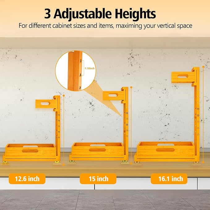 Under Sink Organizer, Premium Bamboo Wood Pull Out Cabinet Organizer, 2 Tier Slide Out Sink Shelf Cabinet Storage Shelves, Under Sink Storage for Kitchen Bathroom Cabinet