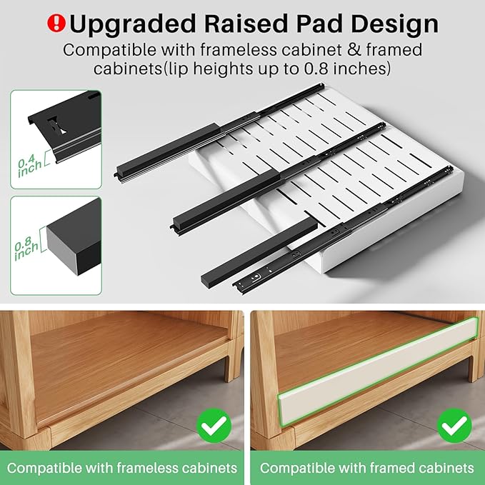 Pull out Cabinet Organizer, Wider Expandable(14"-24") Heavy Duty Slide out Drawers Fixed with Adhesive Nano Film for Pots, Roll out Shelf Storage for Kitchen Cabinet Organization(White-2pcs)(3 Rails)