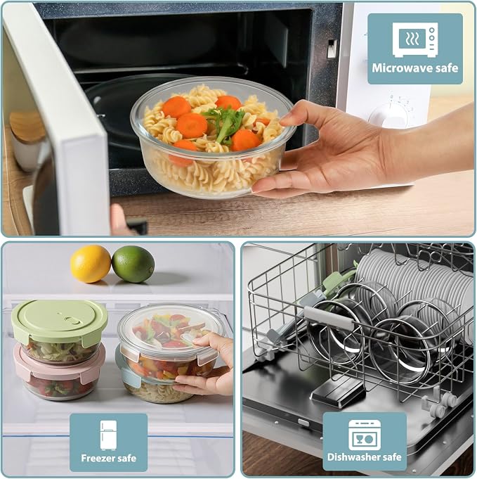 4 Cup/32oz Borosilicate Glass Meal Prep Containers with Vented Lids, 4 PACK | Airtight Leak Proof, Food Grade, Microwave Dishwasher Oven Freezer Safe, BPA-Free, Lunch Soup Leftover Food Storage, Round