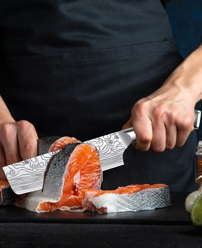 MOSFiATA 7” Nakiri Chef's Knife with Finger Guard, German High Carbon Stainless Steel EN1.4116 Vegetable Knife, Multipurpose Kitchen Knife with Micarta Handle in Gift Box