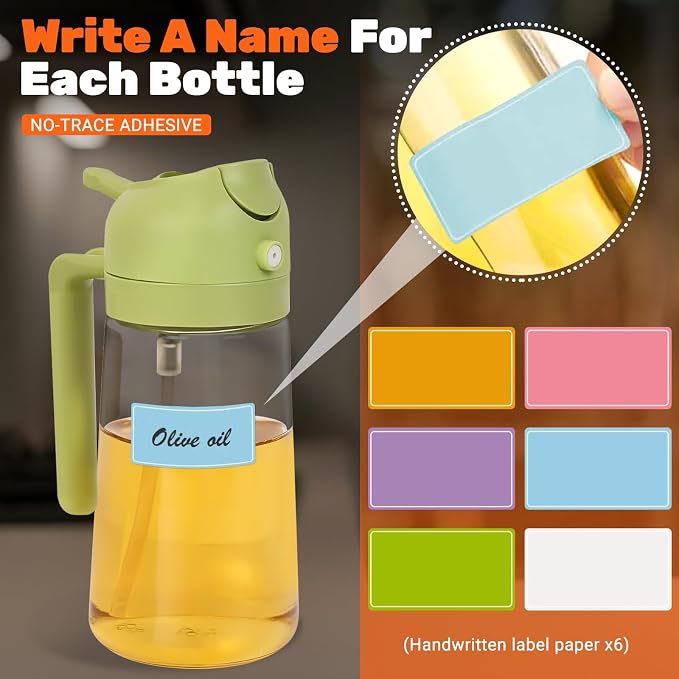 CJT 2 Pack Oil Dispenser Bottle for Kitchen, 2 in 1 Olive Oil Sprayer,16.5OZ/470ML Glass Oil Spray Bottle with Premium Nozzle for Cooking,Barbecue, Air Fryer, Salad(GREEN/WHITE)