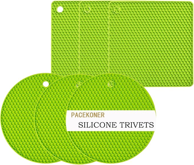 6-Pack Silicone Trivet Mats, Heat Resistant Hot Pads, Dishwasher Safe Kitchen Mats, BPA-Free Pot Holders for Table, Countertop, Stove, Honeycomb Design (Green, 7” Square/Round)
