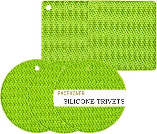 6-Pack Silicone Trivet Mats, Heat Resistant Hot Pads, Dishwasher Safe Kitchen Mats, BPA-Free Pot Holders for Table, Countertop, Stove, Honeycomb Design (Green, 7” Square/Round)