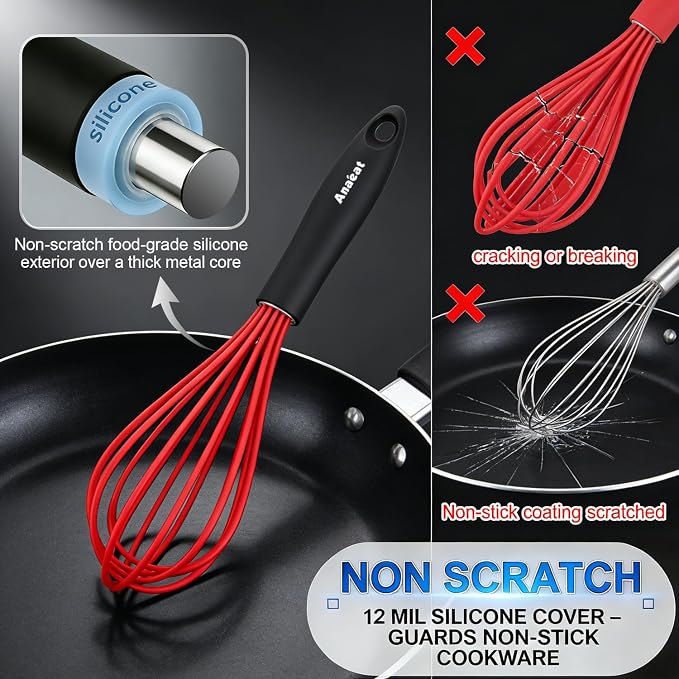 Anaeat Silicone Whisk, Thick Stainless Steel Wire Inner - Heat Resistant Kitchen Whisks for Non-Stick Cookware, Balloon Egg Beater for Whisking, Blending, Beating, Frothing & Stirring (Red)