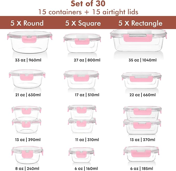 Razab 30 PC Glass Food Storage Containers with Lids - Reusable Glass Meal Prep Containers for Lunch and Leftovers - Airtight & Leakproof Snap Locking Lids - Oven, Freezer, Microwave, Dishwasher Safe