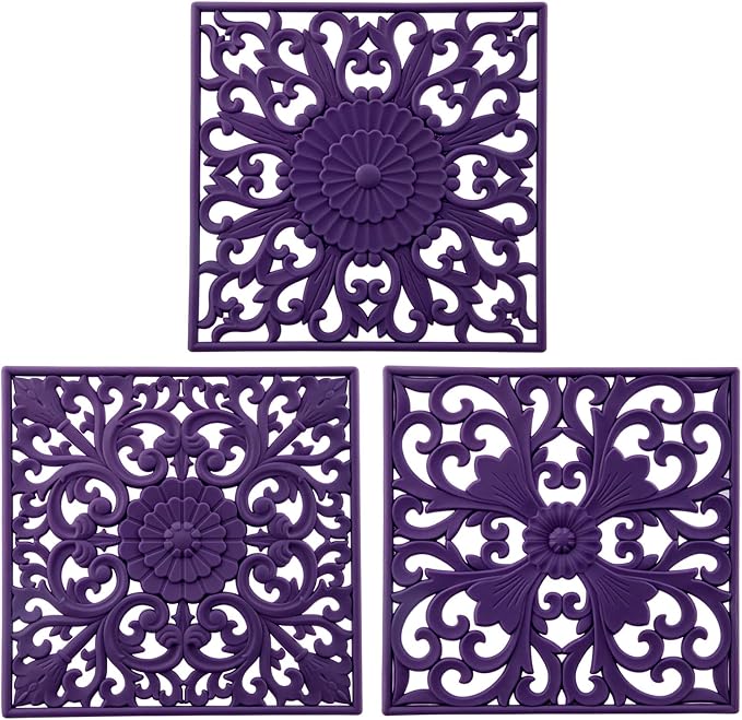 Silicone Trivets for Hot Pots and Pans & Dishes, Square Hot Pads for Kitchen Counter, Multi Function Trivet Mat, Durable Silicone Pot Holders for Table & Countertops, Set 3 Purple