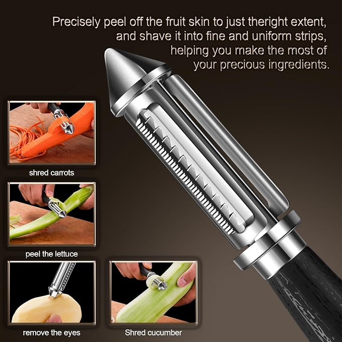 Multi-functional julienne peeler for vegetable | What worked well: Sharp blade makes quick, even cuts.Comfortable non-slip wooden handle.Easy to rinse clean after use.