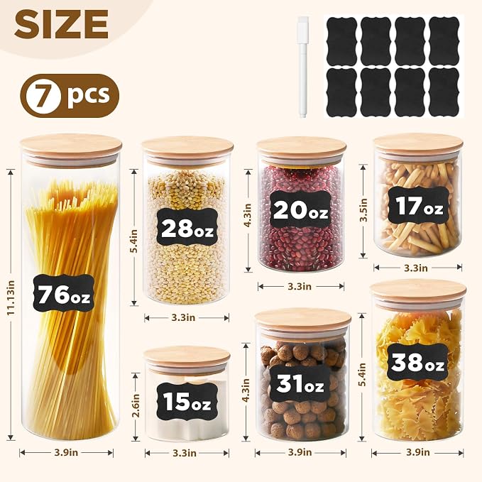 SHOWIN Glass Food Storage Jars, Glass Jars with Bamboo Lids, Kitchen Storage Jars, Canisters with Airtight Lids for Spice, Coffee, Cookie, Set of 7, Pantry Organizers