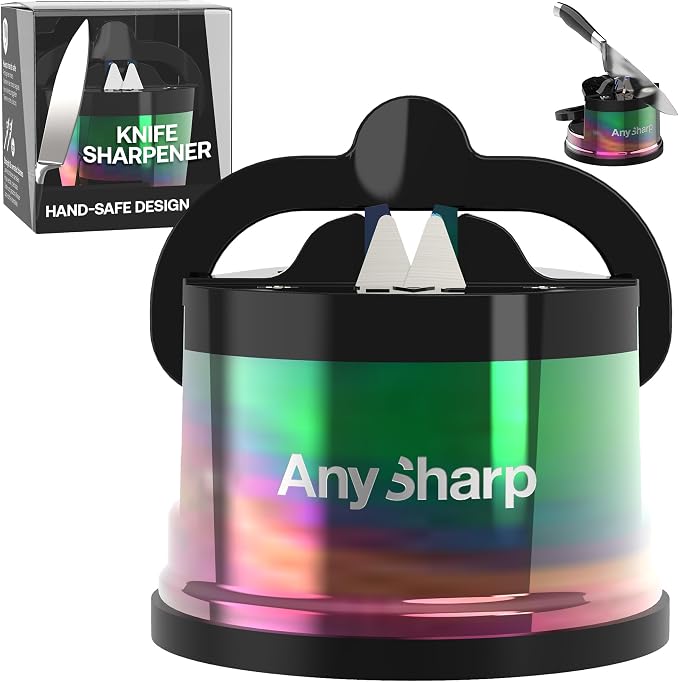 AnySharp – Chef – Hands Free Knife Sharpener - Easy to Use Sharpening Tool w/PowerGrip Suction Base and 20-Degree Pre-Set Angle - for All Knives: Chef's, Serrated, and Hardened Steel - Oil Slick