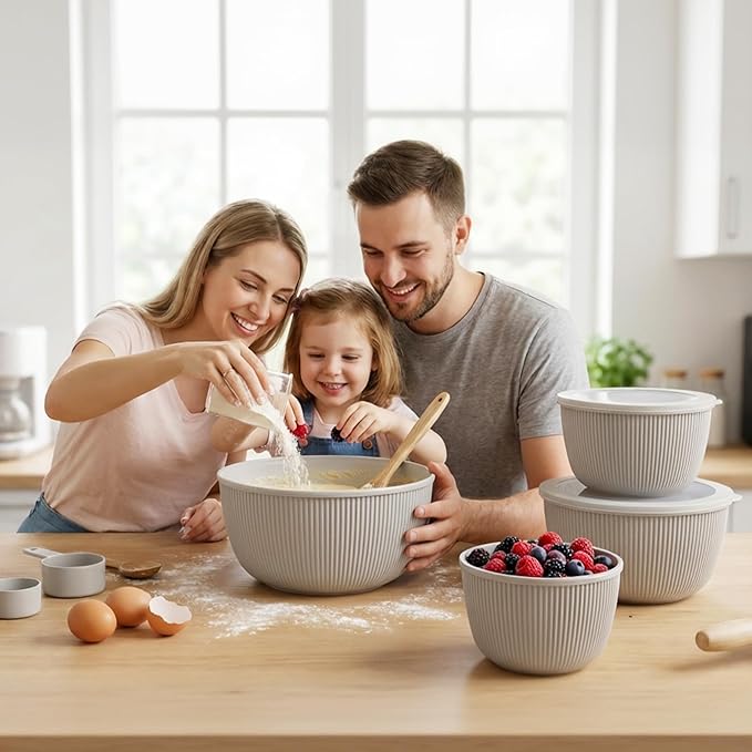 BoxedHome 4.97 Quarts Nesting Plastic Mixing Bowls, BPA-Free Plastic, Microwave and Dishwasher Safe, Set of 4, 4.97/3.38/2.22/1.27 quart, Gray