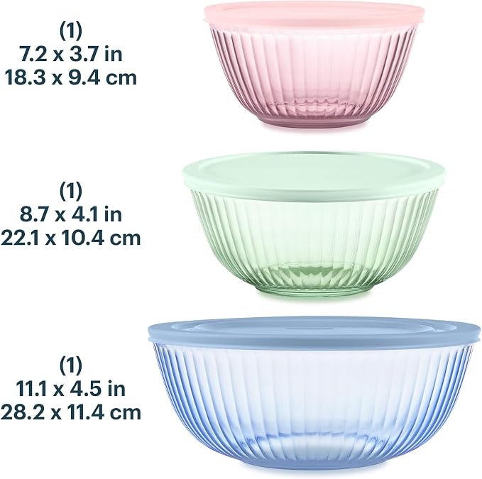Pyrex Colors (3-Pack) Sculpted Tinted Glass Mixing Bowls with Plastic Lids