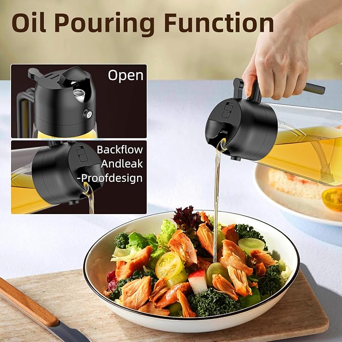 Oil Sprayer for Cooking,2 in 1 Olive Oil Dispenser Bottle for Kitchen,16oz/470ml Spray & Pour Oil Dispenser Bottle,Glass Olive Oil Spritzer,Food-grade Oil Mister for Air Fryer,Salad,Frying,BBQ (Black)