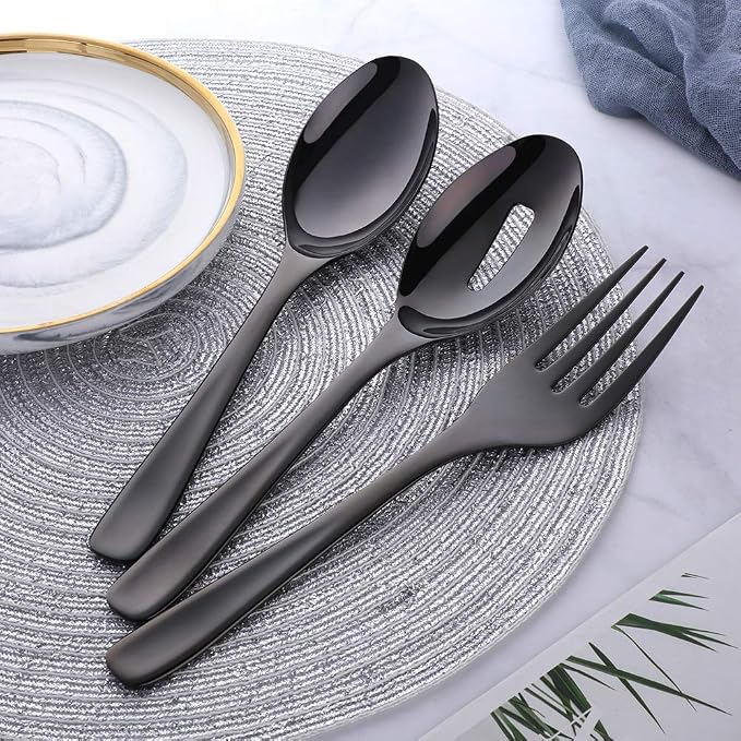 Long Handle Serving Set, 10 inch Stainless Steel Polished Serving Spoon, Fork, Slotted Spoons, Set of 3 (Black)