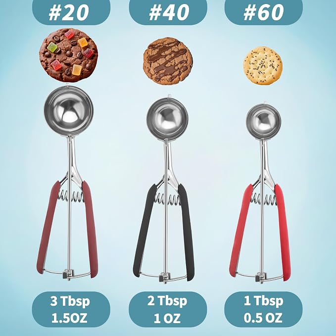 Cookie Scoops for Baking Set of 3, 18/8 Stainless Steel Ice Cream Scoop, 1 Tbsp/2 Tbsp/3 Tbsp Cookie Dough Scoop, Red/Black/Burgundy Non-slip Grip, for Cookie Cupcake Muffin Ice Cream