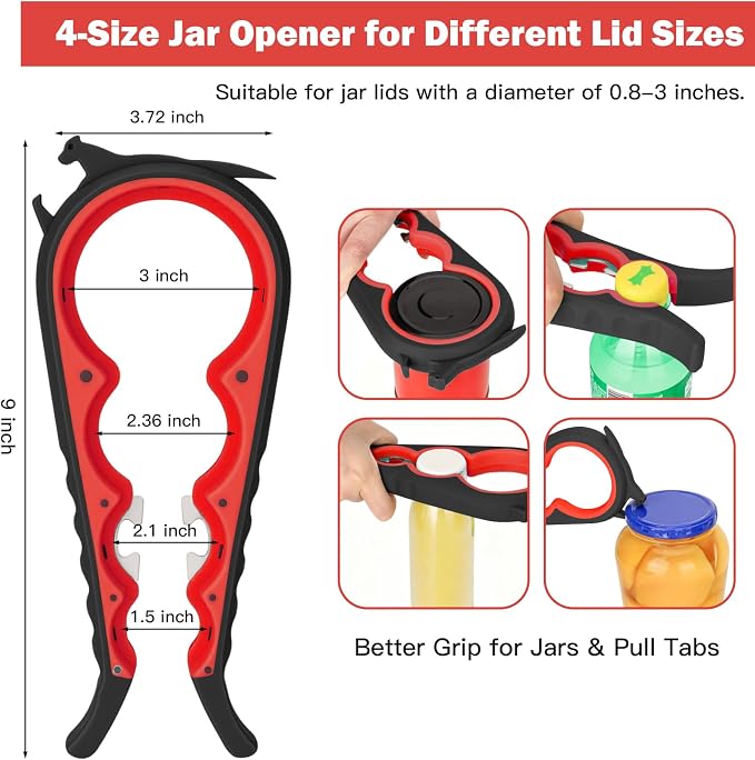 Jar Opener Set for Seniors, Arthritis, Weak Hands (Red&Black) | 6-in-1 Adjustable Jar Opener Can Opener, 4-in-1 Bottle Opener Lid Opener & Rubber Jar Gripper, Multifunctional Kitchen Gadget