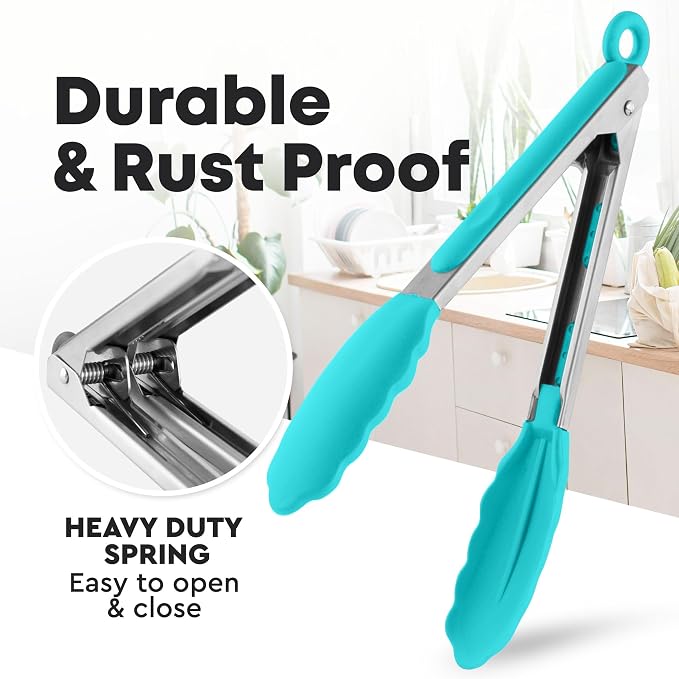 Zulay Stainless Steel Kitchen Tongs with Silicone Tips - Set of 2 (9” & 12”) Locking Cooking Tongs with Non-Slip Grip - Heat Resistant, BBQ Food Tongs for Non-Stick Cooking Pans (Silver/Aqua Sky)