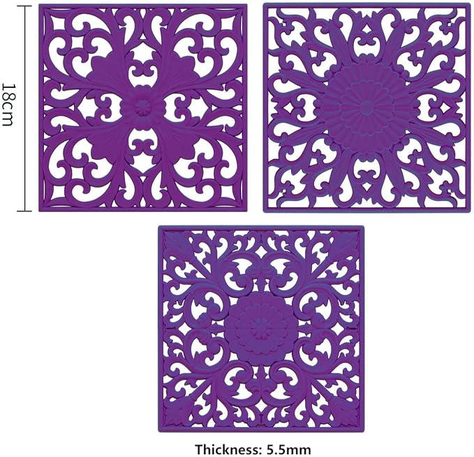 Silicone Trivets for Hot Pots and Pans & Dishes, Square Hot Pads for Kitchen Counter, Multi Function Trivet Mat, Durable Silicone Pot Holders for Table & Countertops, Set 3 Purple