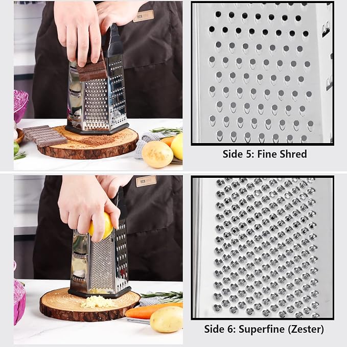 Box Grater, Cheese Grater Shredder Stainless Steel with 6 Sides, Best for Parmesan Cheese, Vegetables, Potatoes, Carrot, Ginger, Mandoline Vegetable Slicer with Detachable Container, Silver
