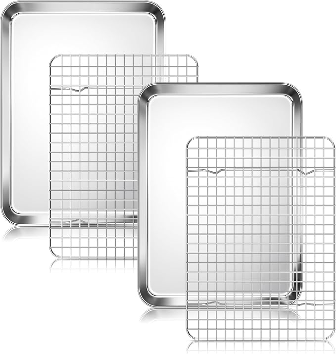 Homikit Quarter Sheet Pan with Wire Rack (2 Baking Sheet+2 Rack), 12" x 10" | Stainless Steel Quarter Baking Tray with Grid Cooling Rack for Toaster Oven Roasting, Metal Bacon Cookie Pan, Dishwasher Safe