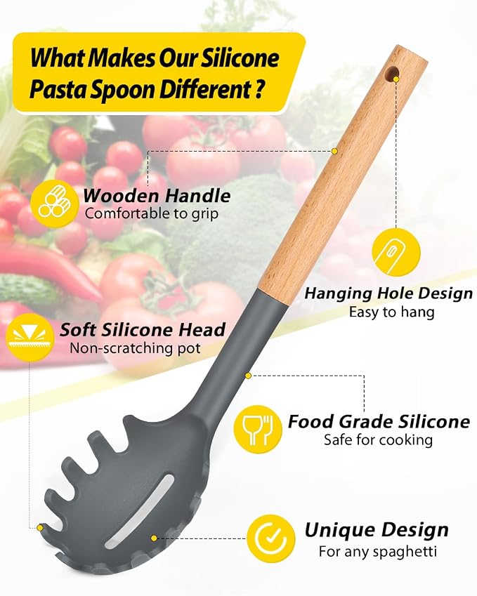 Pack of 2 Spaghetti Spoon, Silicone Pasta Fork with Wooden Handle, Heat Resistant Noodle Spoon Server, BPA Free Spaghetti Strainer(GRAY-BLUE)