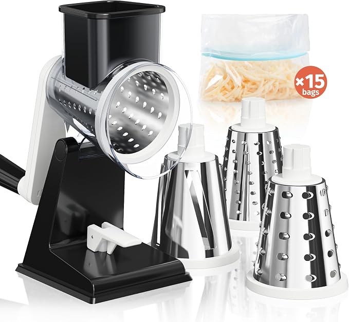 Rotary Cheese Grater, Upgraded Hand Crank Cheese Shredder with 3 Interchangeable Blades, Multi-purpose Kitchen Slicer Shredder for Cheese, Vegetable, Fruit, Nuts, Easy to Use & Clean, Black