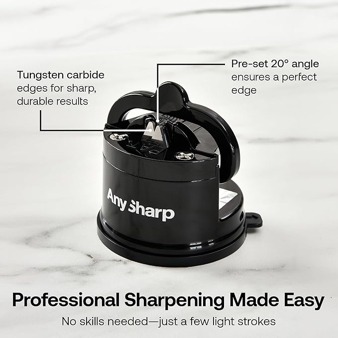 AnySharp – Global – Hands Free Knife Sharpener - Easy to Use Sharpening Tool with PowerGrip Suction Base and 20-Degree Pre-Set Angle - for All Knives: Chef's, Serrated, and Hardened Steel - Black