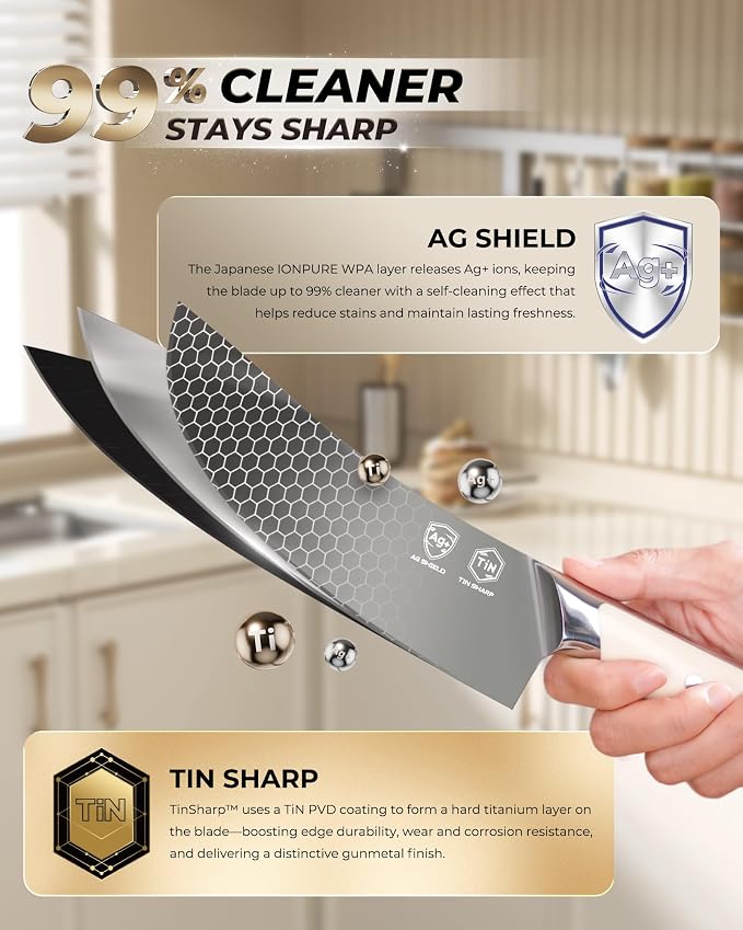 OOU 8 Inch Chef Knife, German 1.4116 Stainless Steel Kitchen Knife, Gunmetal Blade with AgShield & TinSharp Finish, Balanced ABS Handle, Sharp Cooking Knife for Meat, Vegetables and Daily Prep