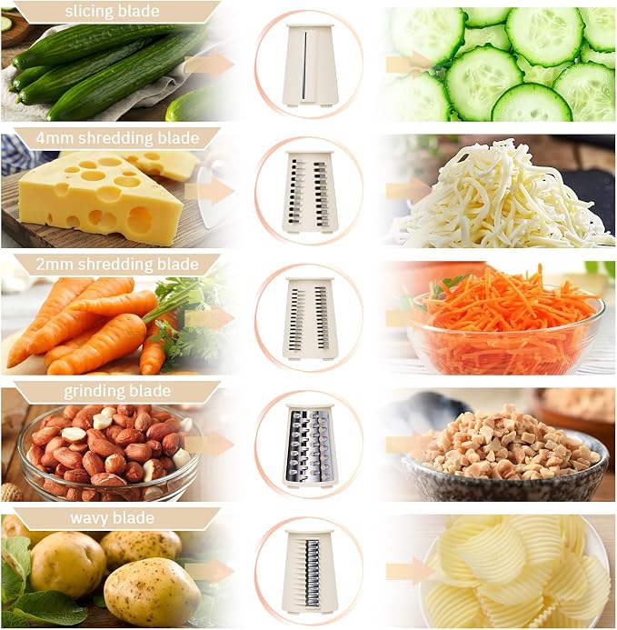 ENERGEVITY Manual Rotary Cheese Grater with Handle, 5 in 1 Replaceable Stainless Blades Cheese Shredder,Strong Suction Base Vegetable Slicer with Cleaning Brush & Bonus Storage Box for Blades (white)
