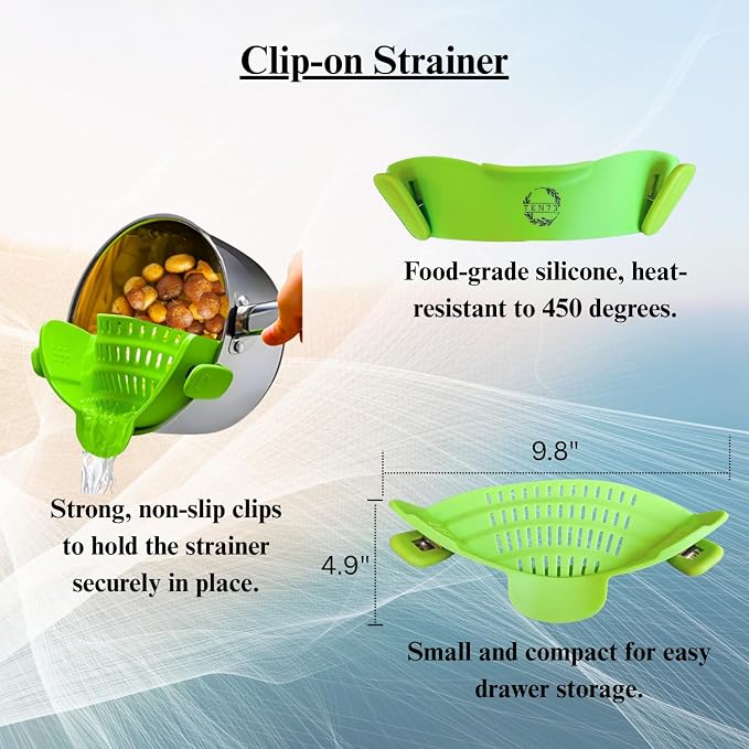 2-in-1 Silicone Strainer Set | Collapsible Colander | Over the Sink Silicone Collander With Extendable Handle | Clip-on Pot Strainer for Pots and Pans| Space-Saving, Heat-Resistant