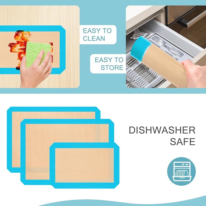 Silicone Baking Mat Set of 3, Non-Stick 2 Half & 1 Quarter Sheets | Dishwasher Safe, Reusable Baking Supplies for Cookies, Bread, Pastries & Dough, Mint Blue